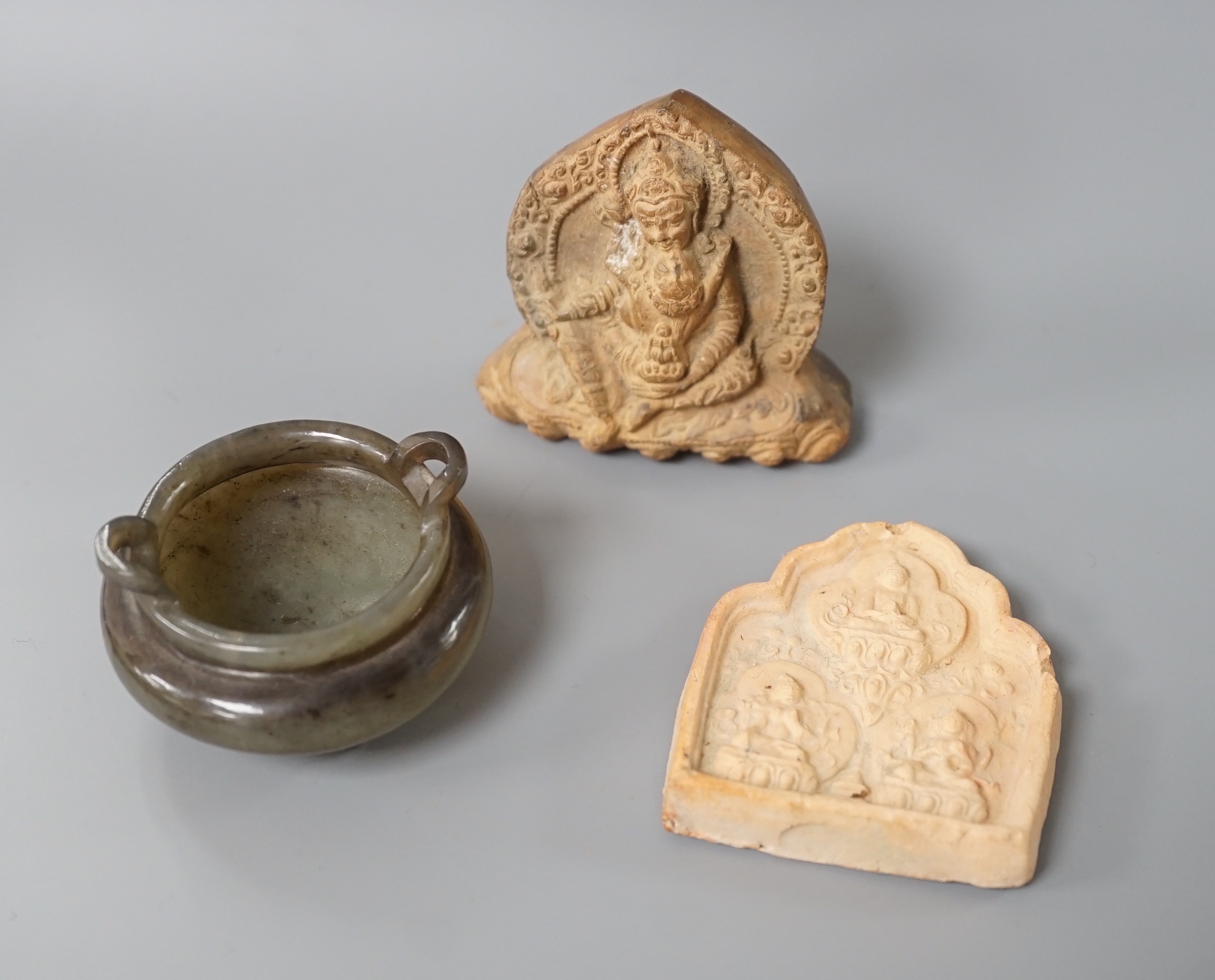 Chinese hardstone censer and two Tibetan terracotta ‘Buddha’ panels